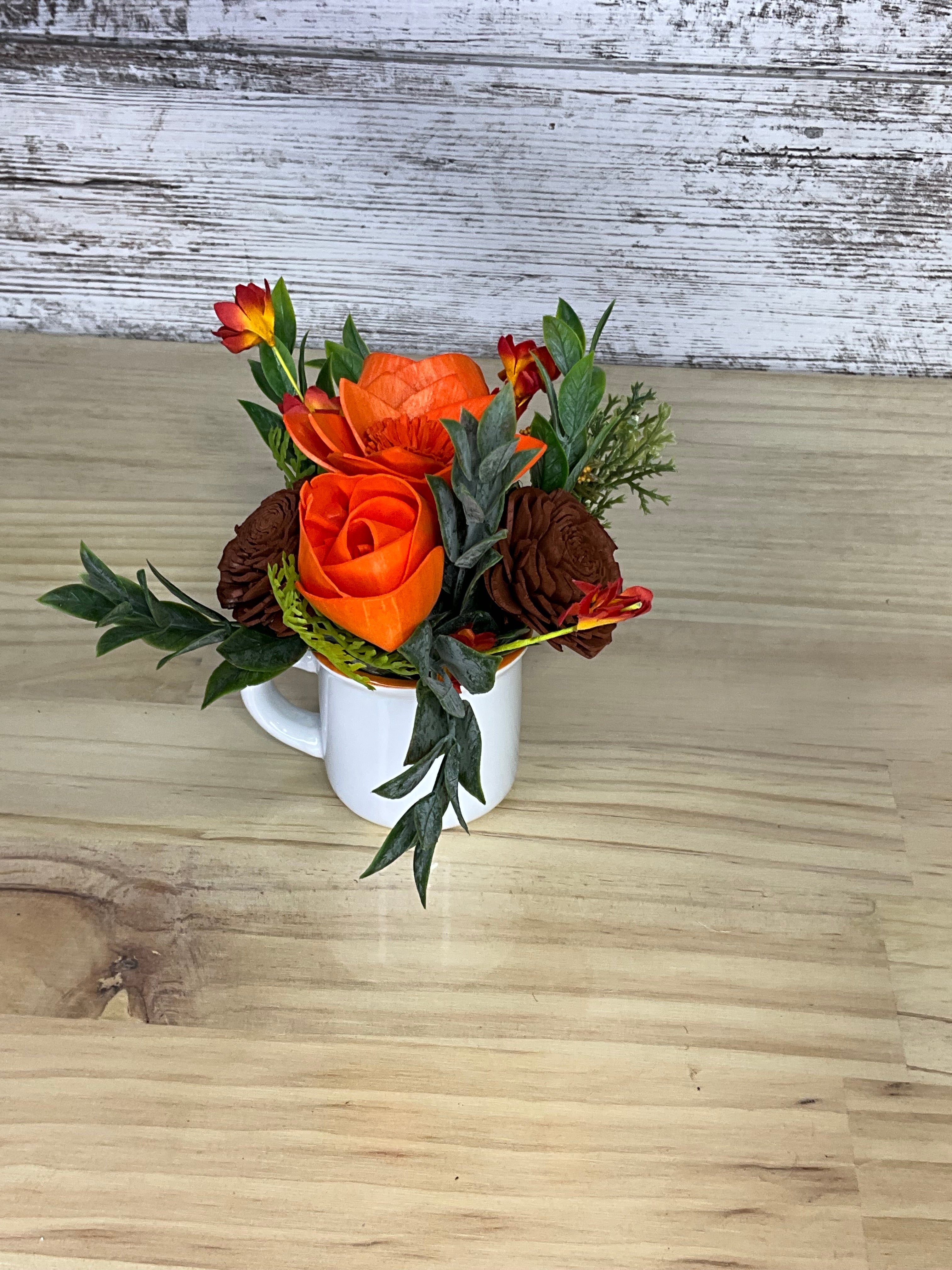 Autumn Harvest Sola Wood Flower Arrangement in White Mug