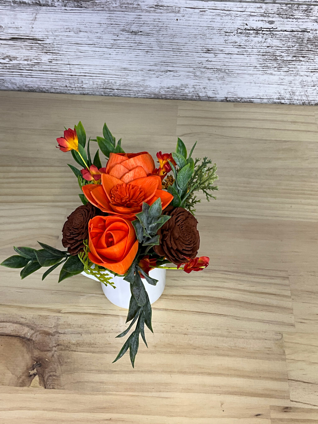 Autumn Harvest Sola Wood Flower Arrangement in White Mug