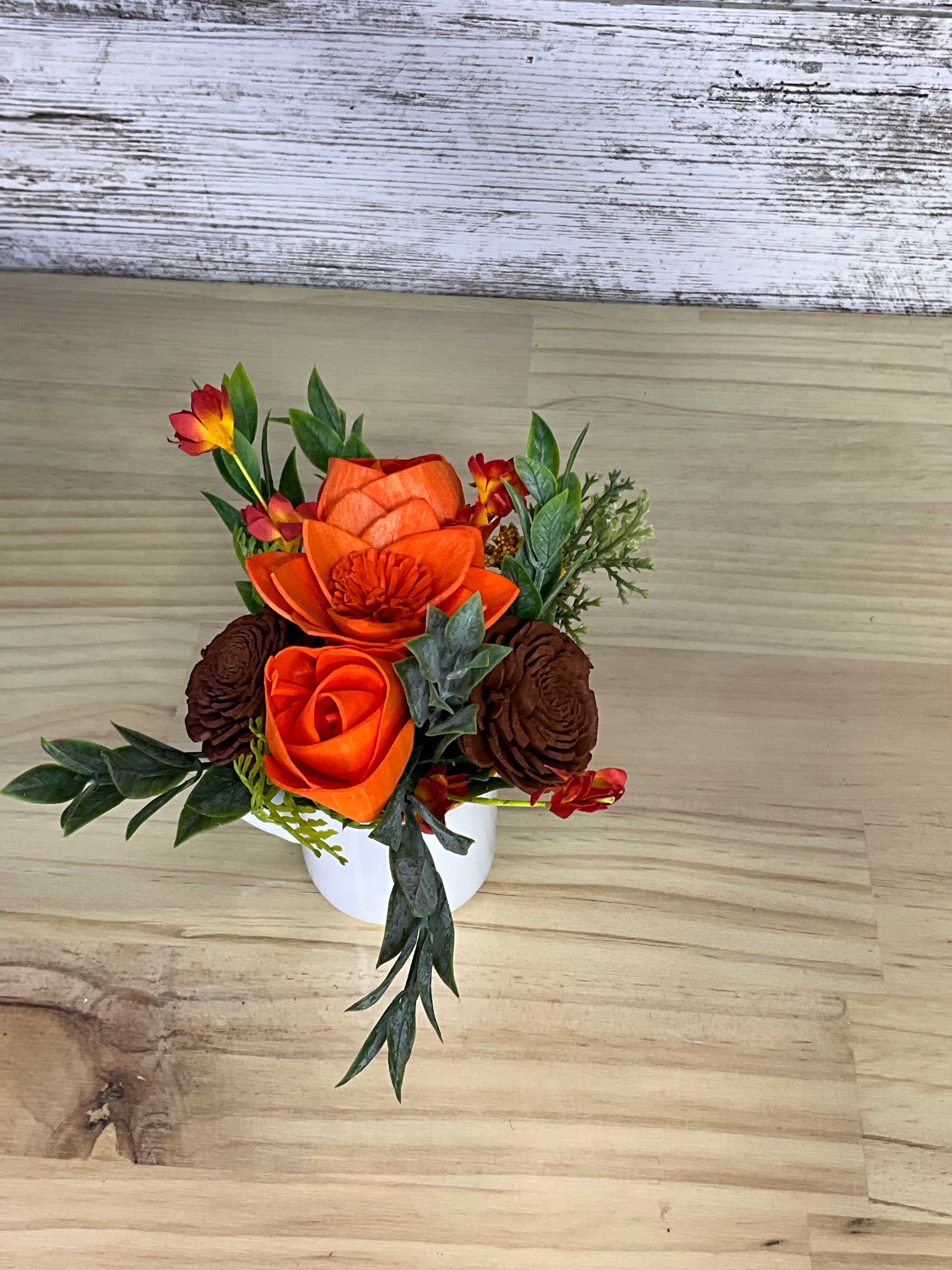 Autumn Harvest Sola Wood Flower Arrangement in White Mug