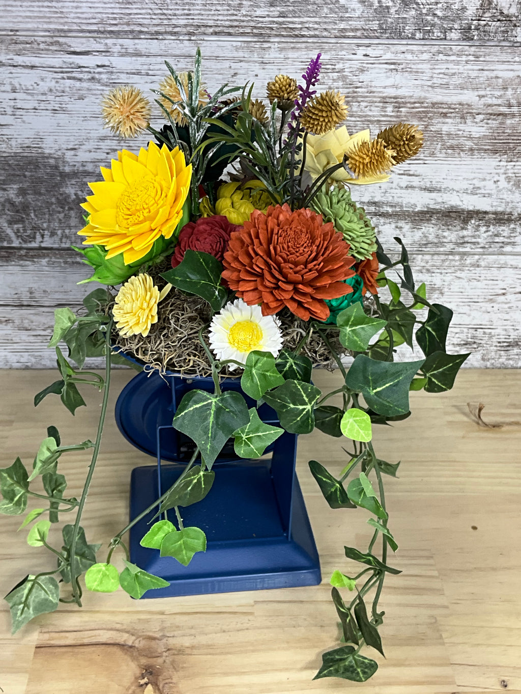 Sola Wood Flower Arrangement in Vintage Clock Vase