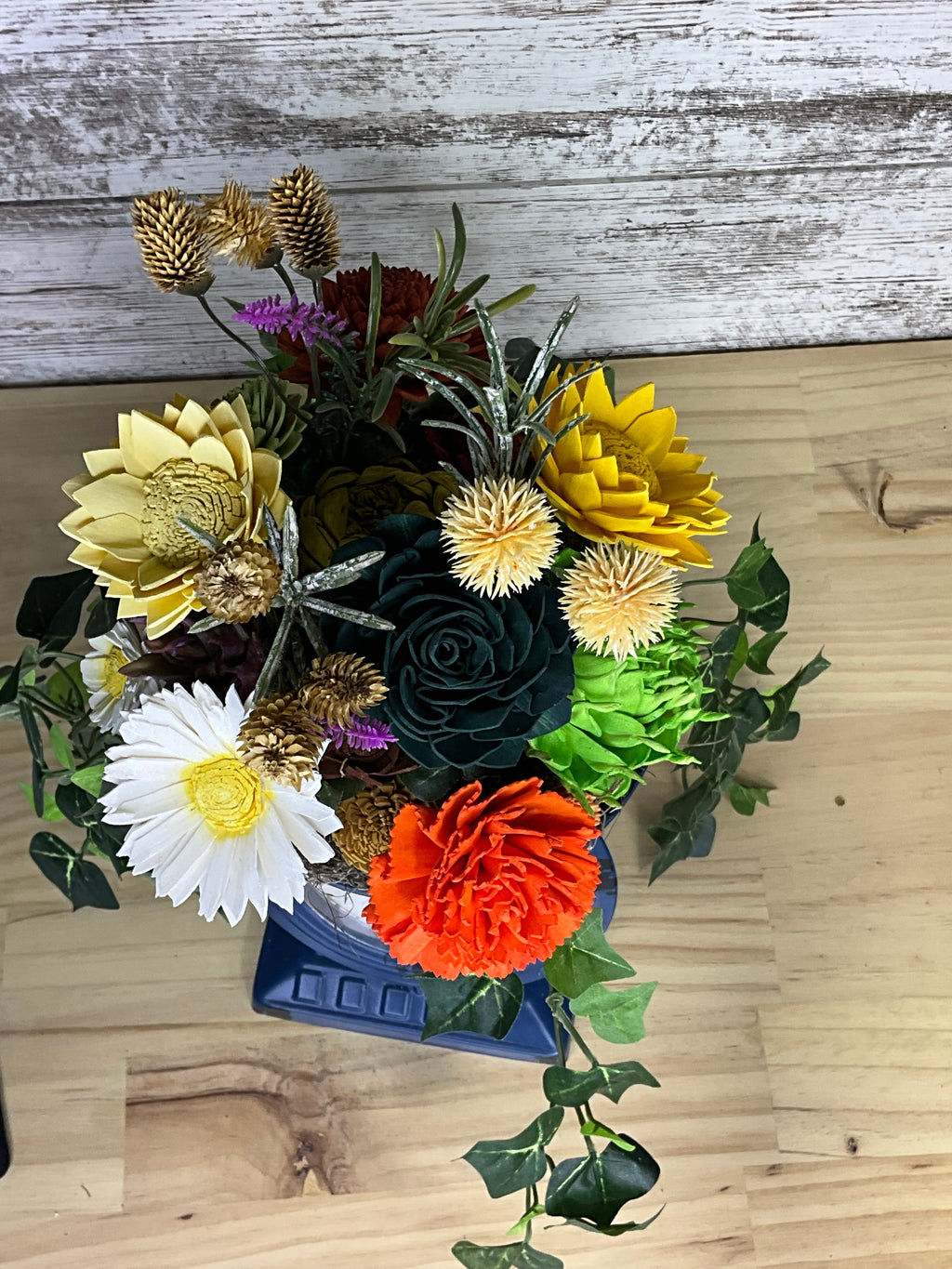 Sola Wood Flower Arrangement in Vintage Clock Vase