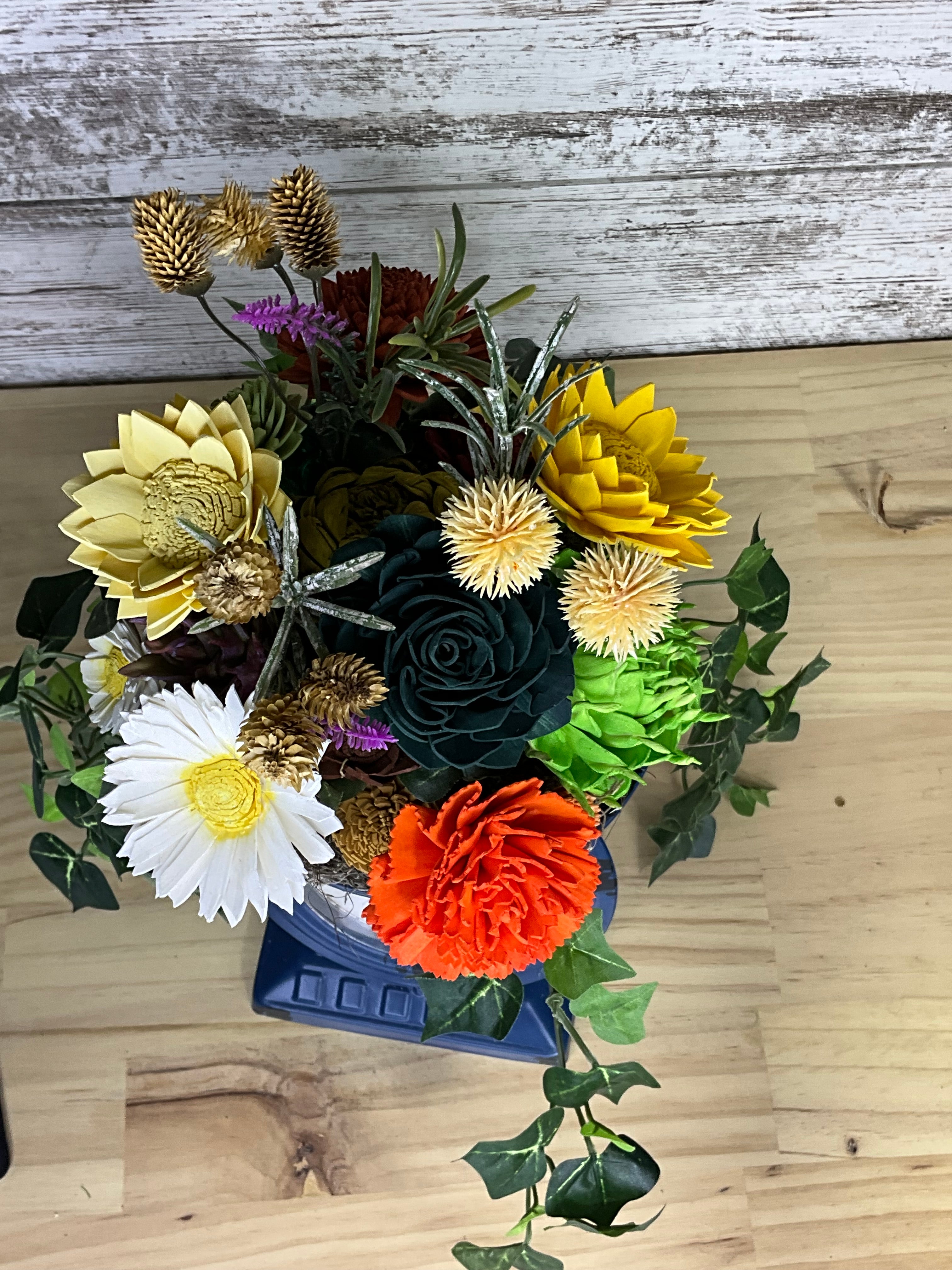Sola Wood Flower Arrangement in Vintage Clock Vase