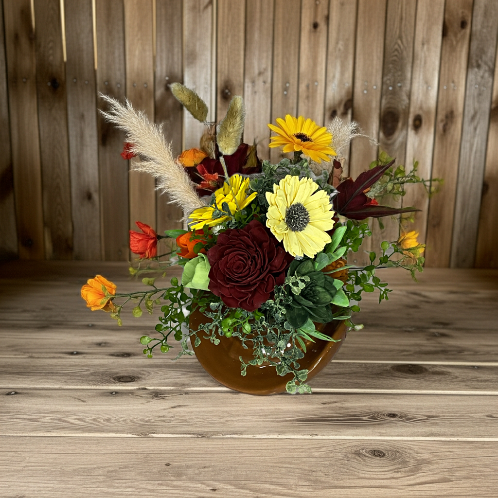 Autumn Harvest Cowboy Hat Vase with Sunflowers