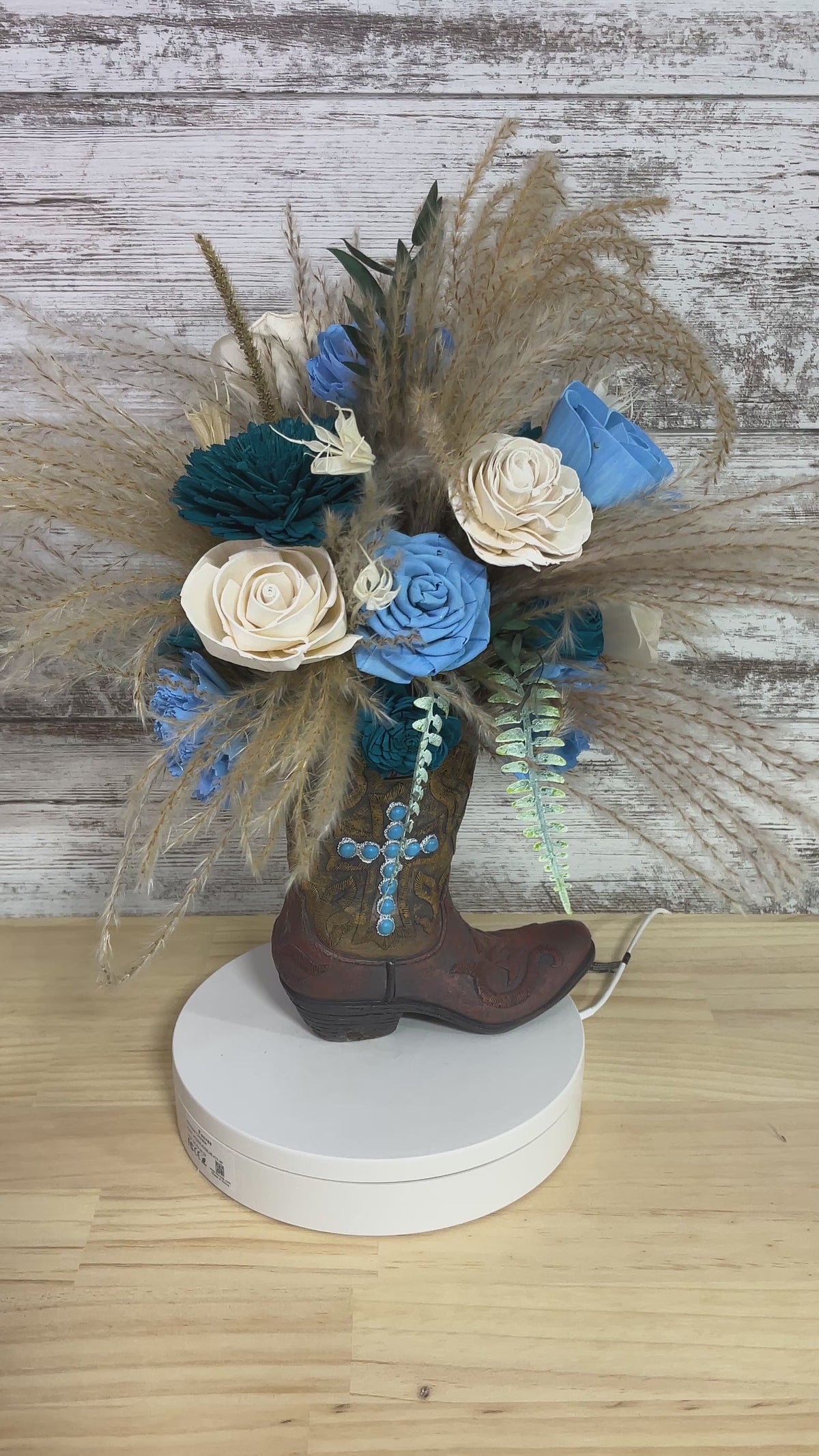 Prairie Charm Cowboy Boot Wood Flower & Pampas Arrangement