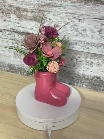 Pink Rain Boots | Sola Wood Flower Arrangement in Boot Vase