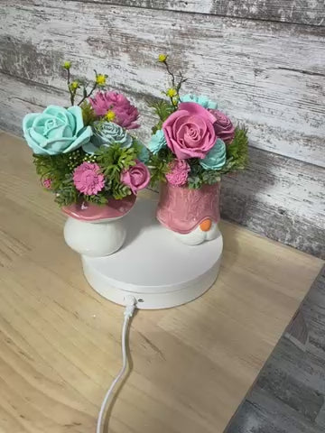 Pink & Mint Sola Wood Flower Duo | Gnome & Mushroom Ceramic Arrangement