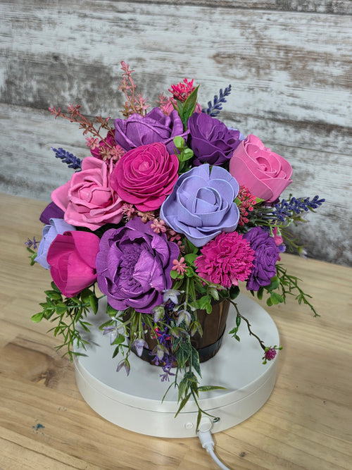 Berry Blooms Sola Wood Flower Arrangement in Wooden Barrel - Joni’s Sola Ever After, LLC
