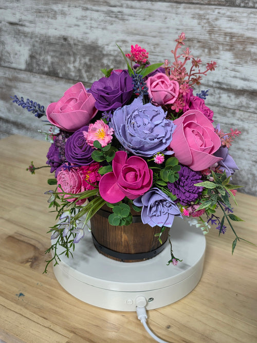 Berry Blooms Sola Wood Flower Arrangement in Wooden Barrel - Joni’s Sola Ever After, LLC